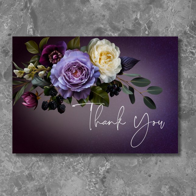 Tarjeta De Agradecimiento Moody morado morado Lavanda Floral Moderno (Dark Moody Purple & Lavender Floral Modern Thank You Card)