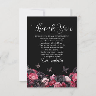 Tarjeta De Agradecimiento Moody Quinceañera rosa gótico, rojo y negro