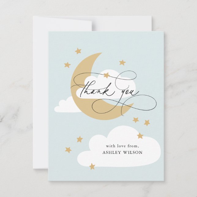 Tarjeta De Agradecimiento Moon and Stars Matan Blue Script Baby Shower Graci (Anverso)