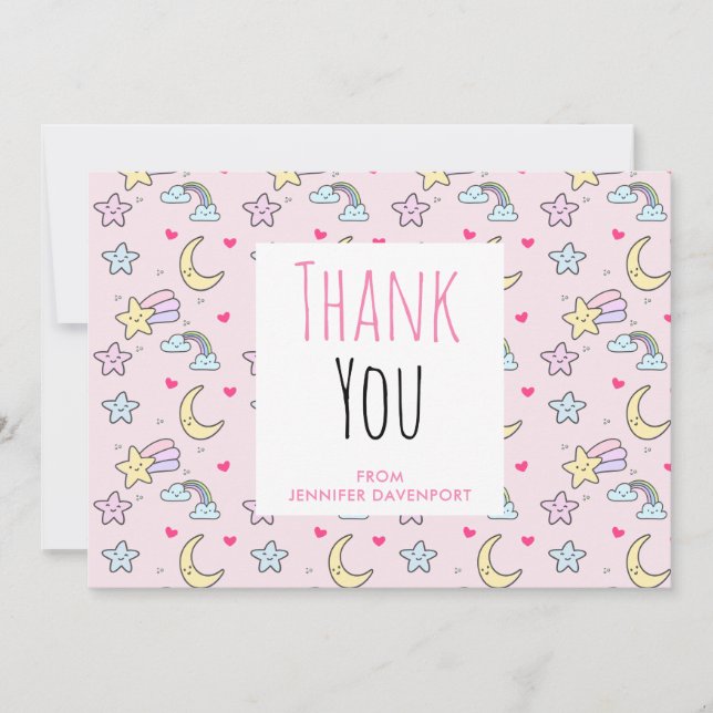 Tarjeta De Agradecimiento Moon, Stars and Clouds Pattern on Pink Gracias (Anverso)