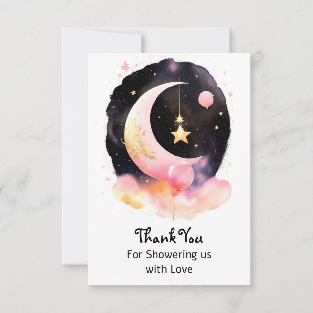 Tarjeta De Agradecimiento Moon Stars Chica de acuarela celeste Baby Shower (Anverso)
