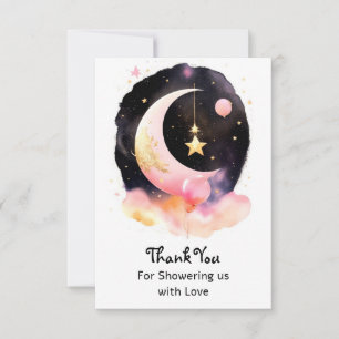 Tarjeta De Agradecimiento Moon Stars Chica de acuarela celeste Baby Shower