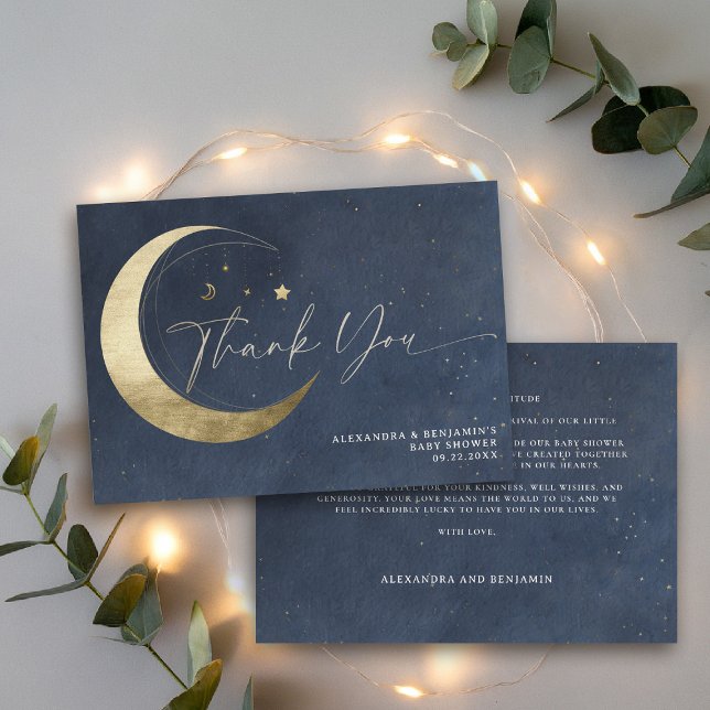 Tarjeta De Agradecimiento Moon Stars Starry Night Twinkle Navy Baby Shower (over the moon baby shower thank you navy blue gold stars mobile celestial twinkle starry night)