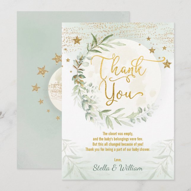 Tarjeta De Agradecimiento Moon Twinkle Stars Greenery Gold Baby Shower (Anverso / Reverso)
