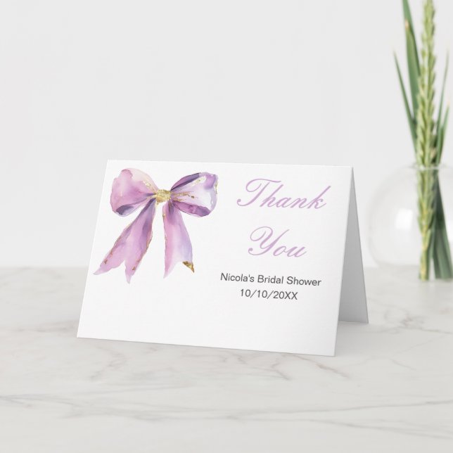 Tarjeta De Agradecimiento Morada Coquette Bow Bridal Shower (Anverso)