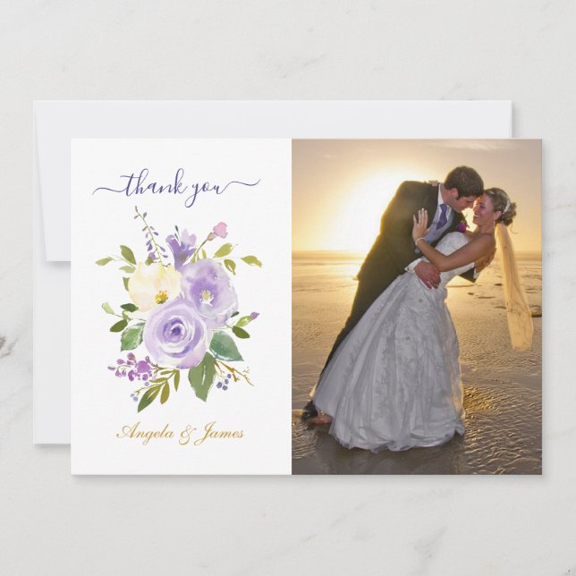 Tarjeta De Agradecimiento Morado acuarela Boda floral foto (Anverso)