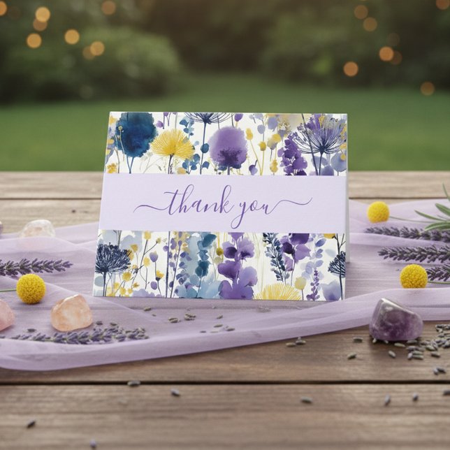 Tarjeta De Agradecimiento Morado amarillo acuarela Flora silvestre Baby Show (Celebrate your mama-to-be moment in full bloom with this elegant wildflower design. )