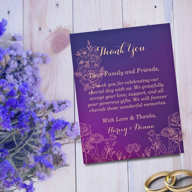 Tarjeta De Agradecimiento Morado de magenta vibrante con Boda floral (Subido por el creador)