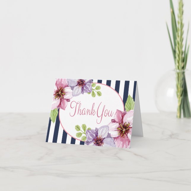 Tarjeta De Agradecimiento Morado Floral acuarela Gracias Rayas Azules (Anverso)