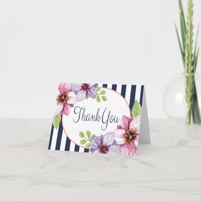 Tarjeta De Agradecimiento Morado Floral acuarela Gracias Rayas Azules (Anverso)