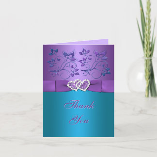 Tarjeta De Agradecimiento Morado, floral Verde azulado, corazón gracias tarj