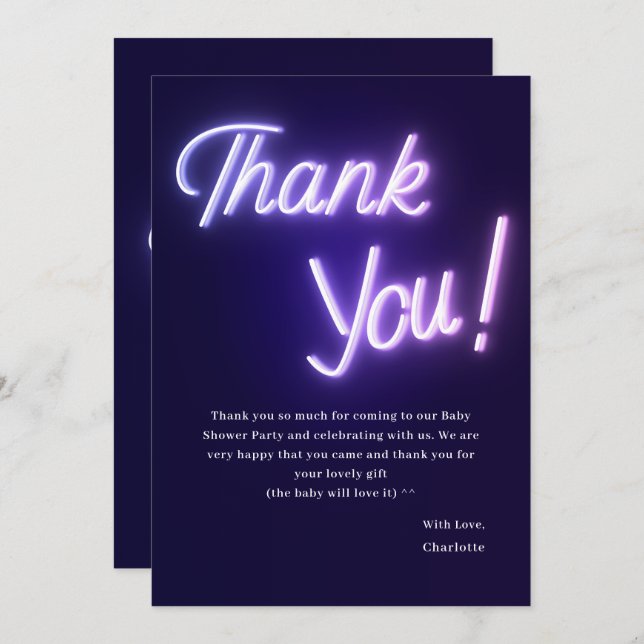 Tarjeta De Agradecimiento Morado Neon Text Baby Shower (Anverso / Reverso)