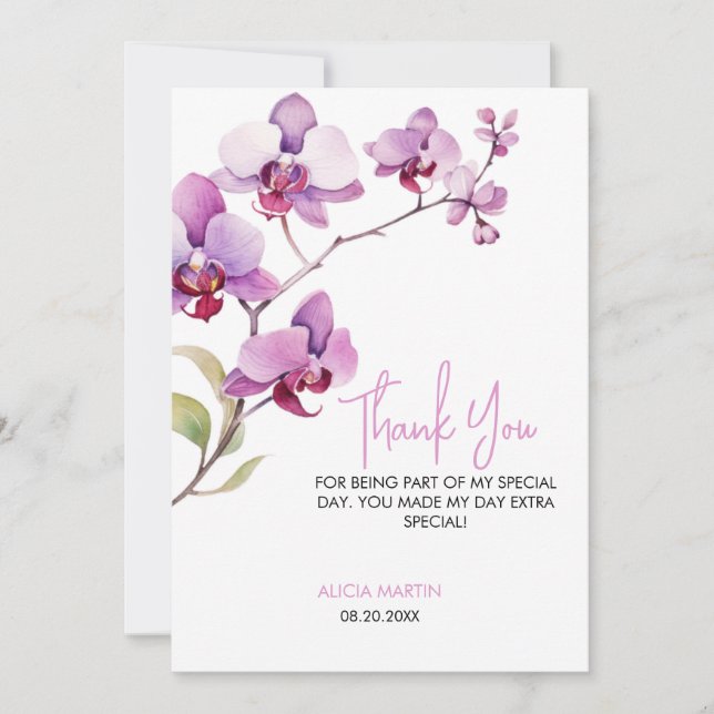 Tarjeta De Agradecimiento Morado Orquídea Florecimiento Cumpleaños Gracias (Anverso)
