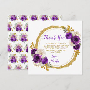 Tarjeta De Agradecimiento Morado oscuro y flores elegantes de oro Cumpleaños