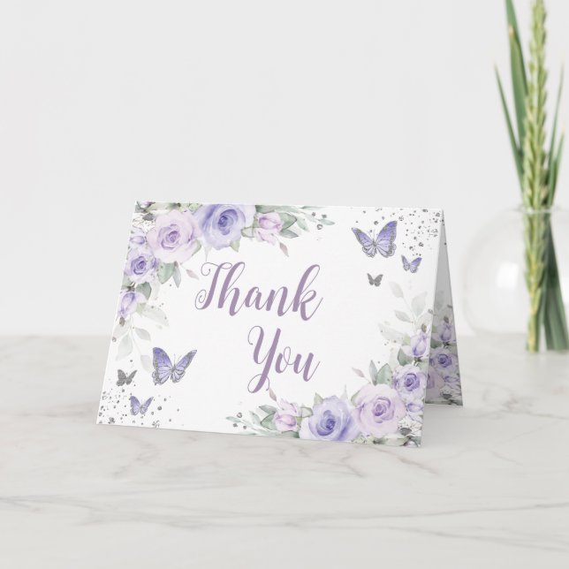 Tarjeta De Agradecimiento Morado suave mariposas florales Plata Quinceañera (Anverso)