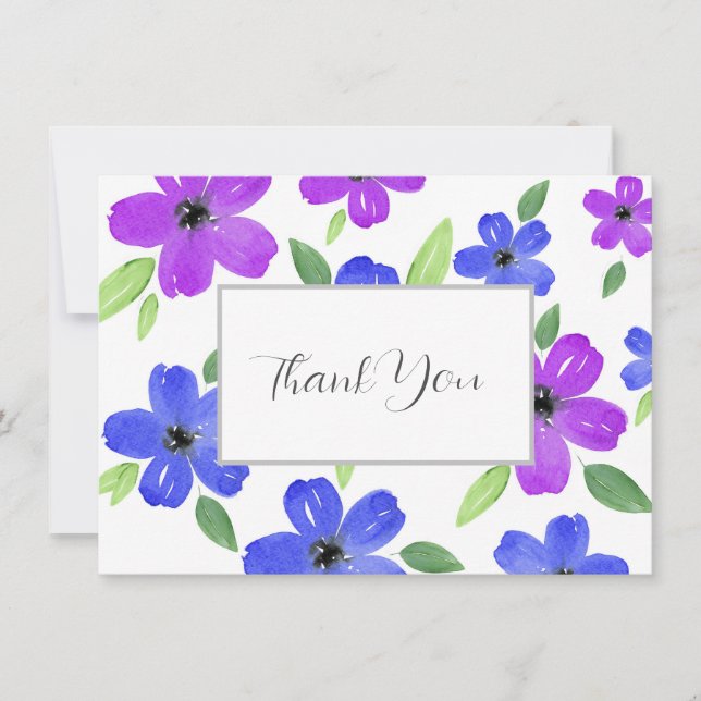 Tarjeta De Agradecimiento Morado y azul acuarela Floral Motif (Anverso)