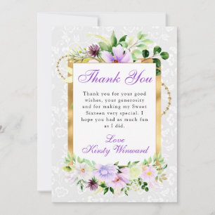 Tarjeta De Agradecimiento Morado y crema Flores de verano dulces de oro 16