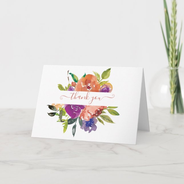 Tarjeta De Agradecimiento Morado y naranja acuarela floral personalizada (Anverso)