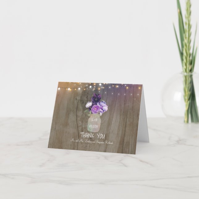 Tarjeta De Agradecimiento Morple Floral Mason Jar Rustic Boda Gracias (Anverso)