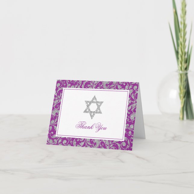 Tarjeta De Agradecimiento Morple Silver Purpurina Swirl Damask Gracias (Anverso)