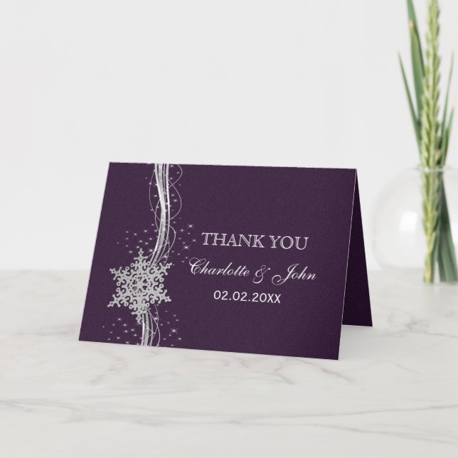 Tarjeta De Agradecimiento Morple Silver Snowflakes Invierno Boda de Invierno (Anverso)