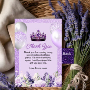Tarjeta De Agradecimiento Morple Sparkle Sweet 16 Cumpleaños Party