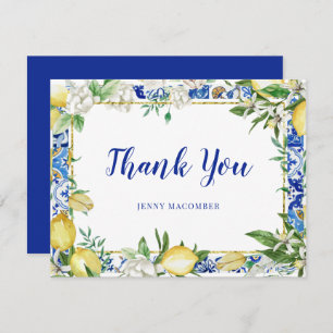 Tarjeta De Agradecimiento Mosaico azul floral blanco limón
