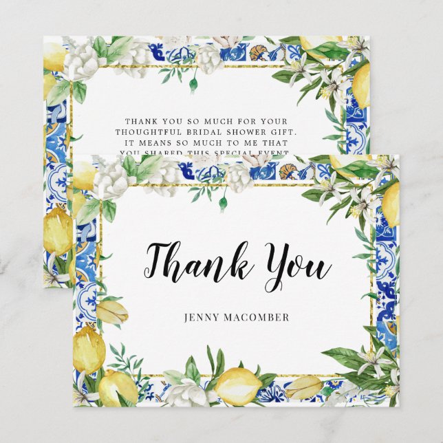 Tarjeta De Agradecimiento Mosaico azul floral blanco limón (Anverso / Reverso)