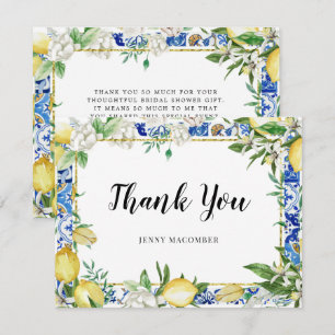 Tarjeta De Agradecimiento Mosaico azul floral blanco limón