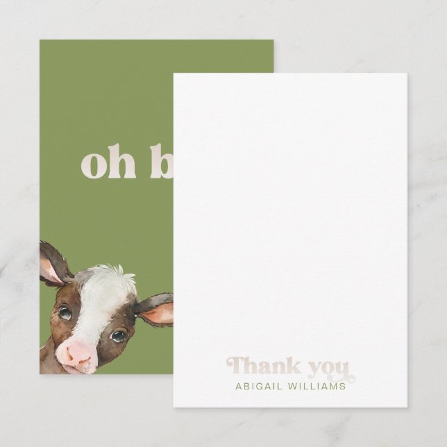 Tarjeta De Agradecimiento Moss Green Cow Oh Boy Baby Shower Gracias (Anverso / Reverso)