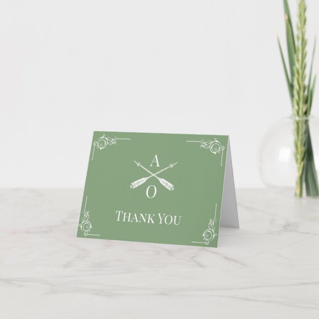Tarjeta De Agradecimiento Moss Green Monograma y Arrows Boda Gracias (Anverso)