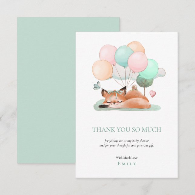 Tarjeta De Agradecimiento Motif Verde azulado de Baby Shower sobre los globo (Anverso / Reverso)