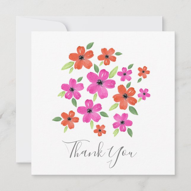 Tarjeta De Agradecimiento Motivo Floral de Acuarela en Rosa y Naranja Brilla (Anverso)