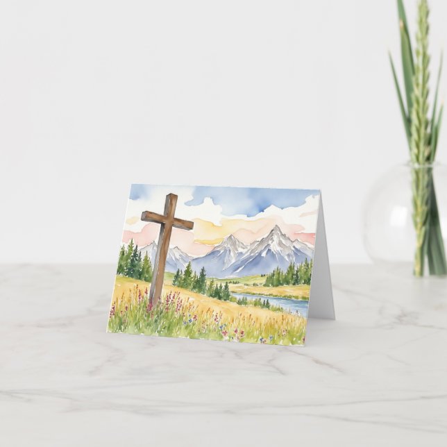 Tarjeta De Agradecimiento Mountain Cross Watercolor Easter (Anverso)