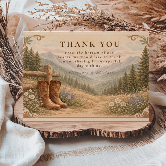 Tarjeta De Agradecimiento Mountain Forest Cowboy Boots Wedding (Subido por el creador)