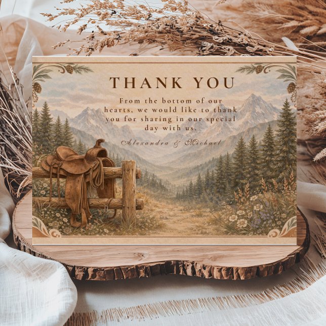 Tarjeta De Agradecimiento Mountain Forest Western Saddle Wedding (Subido por el creador)