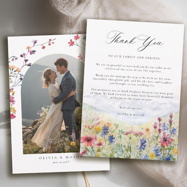 Tarjeta De Agradecimiento Mountains Scene Rustic Meadow Wildflowers Wedding (mountains wedding thank you card boho arch photo wildflowers meadow floral watercolor)