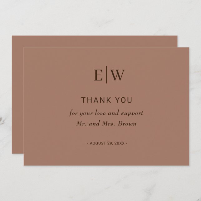 Tarjeta De Agradecimiento Mousse elegante mocha simple con Boda monograma (Anverso / Reverso)