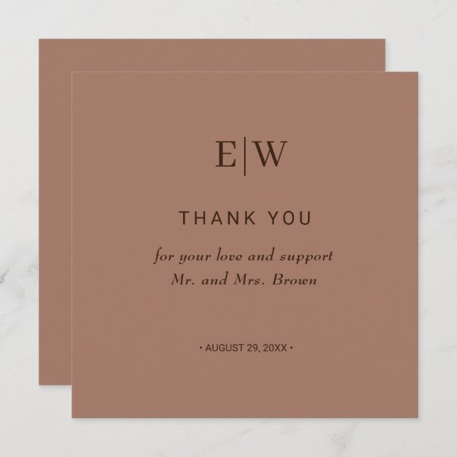 Tarjeta De Agradecimiento Mousse elegante mocha simple con Boda monograma (Anverso / Reverso)
