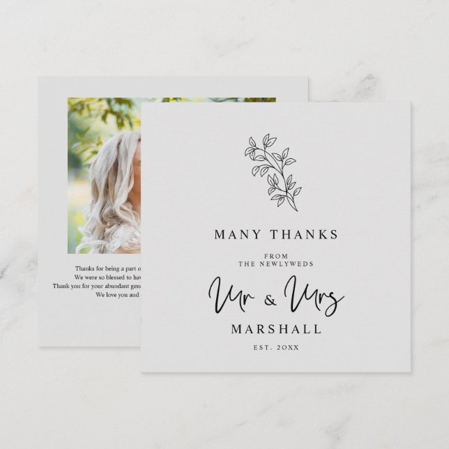 Tarjeta De Agradecimiento MR & MRS Wedding Black Fancy Minimalist Branches  (Anverso / Reverso)
