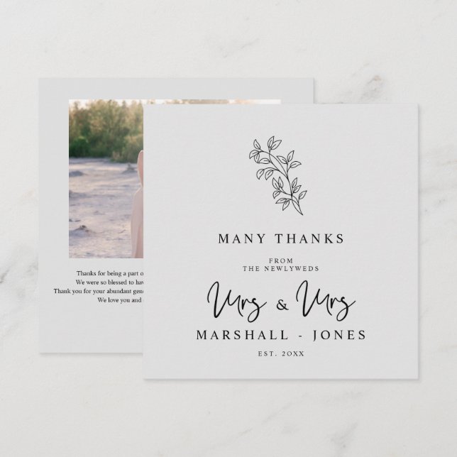 Tarjeta De Agradecimiento MRS & MRS Wedding Black Fancy Minimalist Branches (Anverso / Reverso)