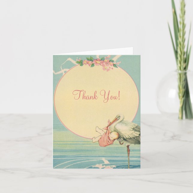 Tarjeta De Agradecimiento Muchacha vieja de cigüeñas en manta rosa, gracias (Anverso)