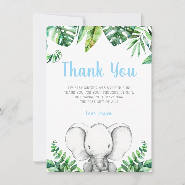 Tarjeta De Agradecimiento Muchacho Baby Shower del elefante de la selva (Anverso)