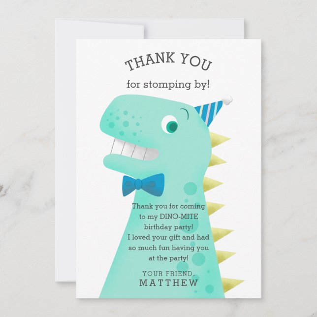 Tarjeta De Agradecimiento Muchacho de la fiesta de cumpleaños del dinosaurio (Anverso)