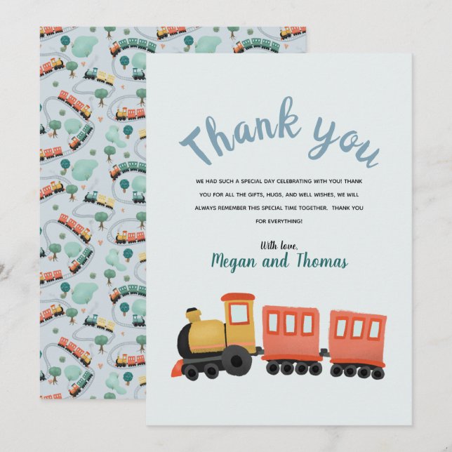 Tarjeta De Agradecimiento Muchachos Cute Train Travel Gracias (Anverso / Reverso)