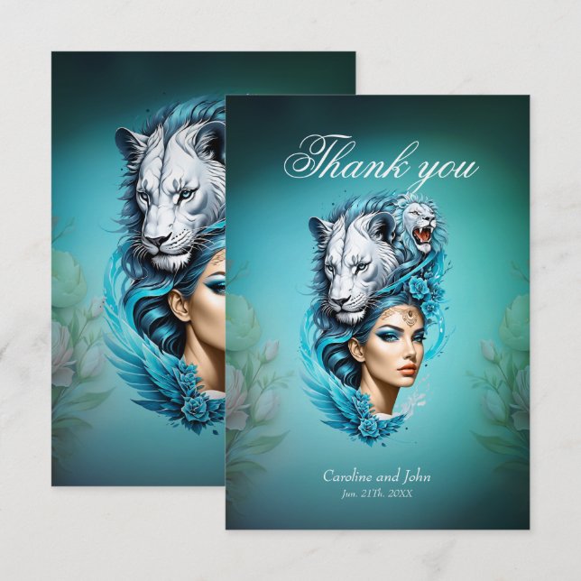 Tarjeta De Agradecimiento Mujer cautivadora con la cabeza majestuosa de león (Anverso / Reverso)