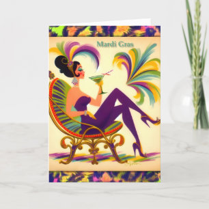 Tarjeta De Agradecimiento Mujer de Mardi Gras de mediados de siglo con un Ma