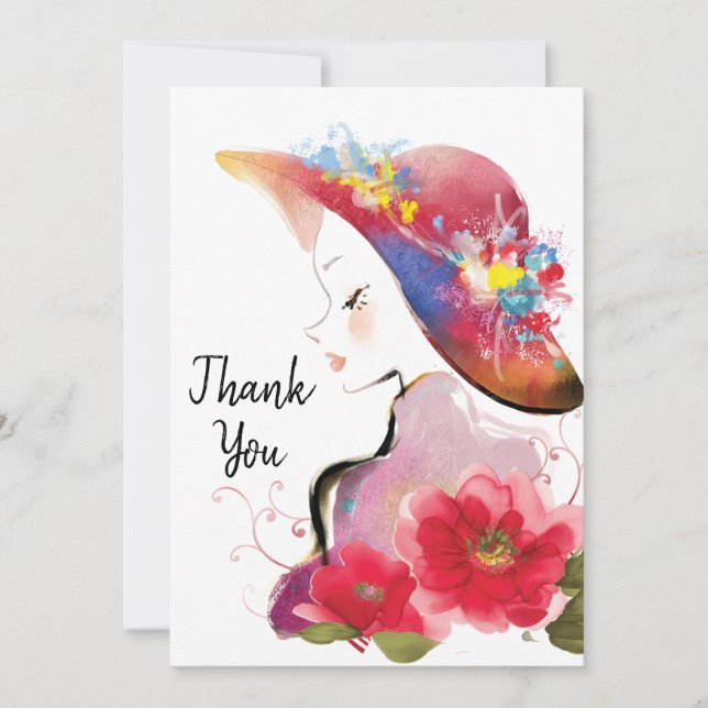 Tarjeta De Agradecimiento Mujer en acuarela Gorra floral (Anverso)