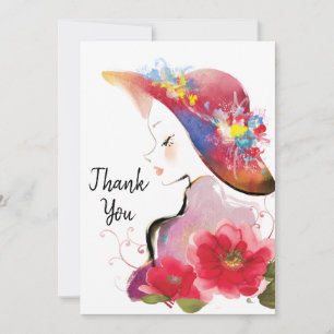 Tarjeta De Agradecimiento Mujer en acuarela Gorra floral