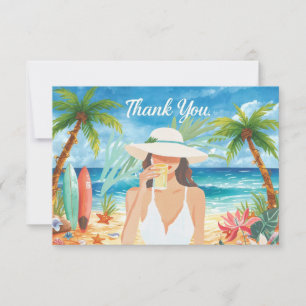 Tarjeta De Agradecimiento Mujer está bebiendo agua en la playa